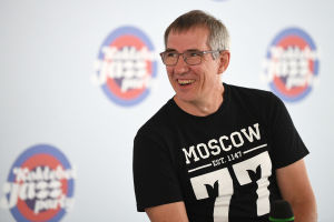 Pianist Alexei Podymkin speaks at a news conference at the Koktebel Jazz Party 2020 international jazz festival in Crimea 