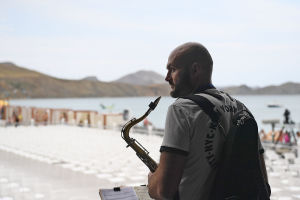 Jazz musician Sergei Golovnya, art director of the Koktebel Jazz Party international jazz festival, during a rehearsal with the Jazz Classic Community at the Koktebel Jazz Party 2020 international jazz festival in Crimea