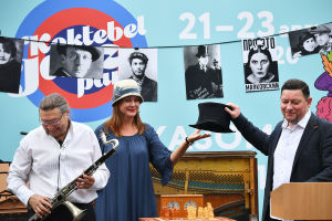 Korovin and Fagot creative duo of poet Andrei Korovin, right, and musician Alexander Alexandrov with actress Yekaterina Ishimtseva perform on Voloshin Stage at the Koktebel Jazz Party 2020 international jazz festival in Crimea