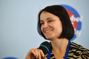 Jazz singer Karina Kozhevnikova during a news conference at the Koktebel Jazz Party 2020 international jazz festival in Crimea