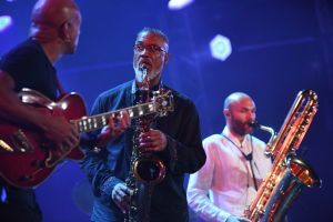 Jazz musician Sergei Golovnya, right, and members of the International Jazz Ensemble perform at the Koktebel Jazz Party 2021 international jazz festival in Crimea