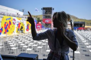 Chizh & Co. band’s singer Marina Shalagayeva during a sound check ahead of a concert at the Koktebel Jazz Party-2021 international music festival
